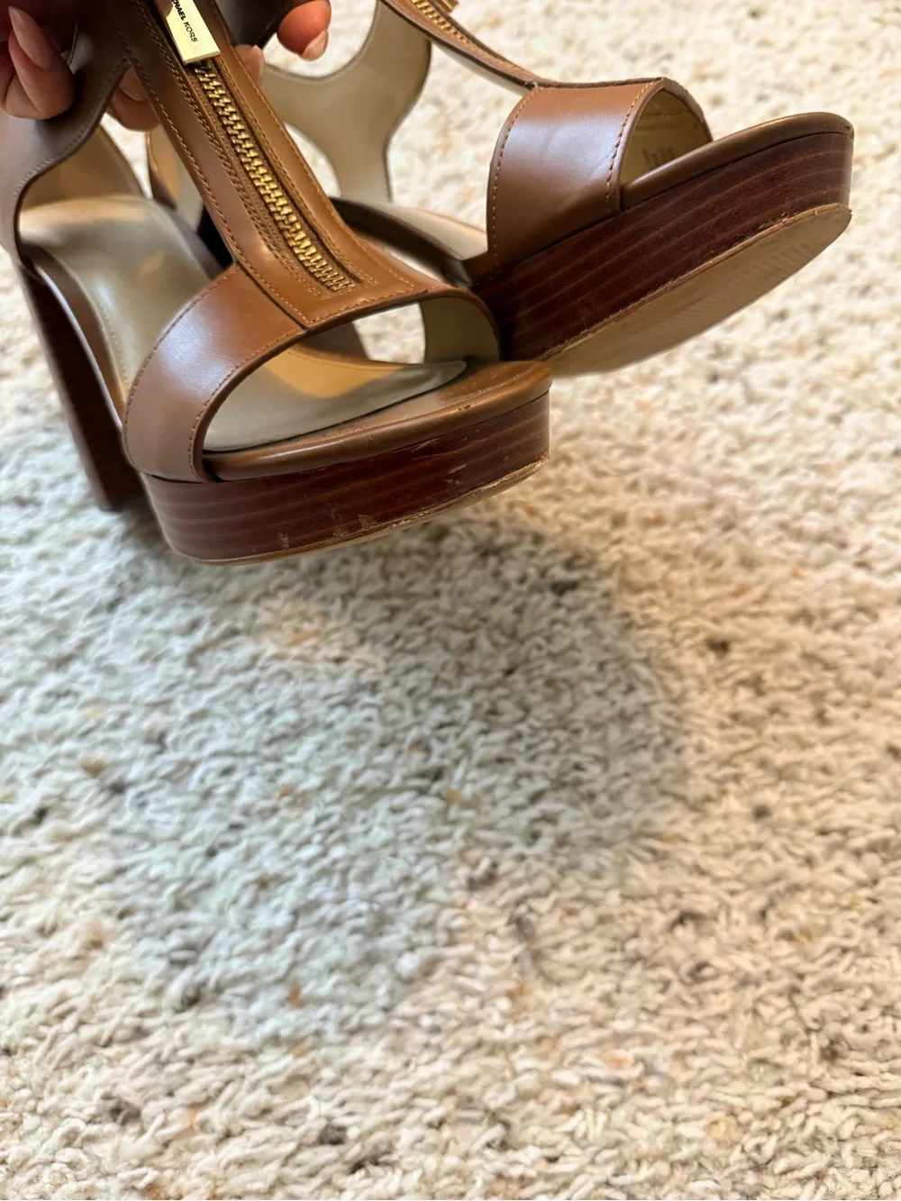 Michael Kors Brown T-Strap Block Heel Sandals with Gold Zipper
